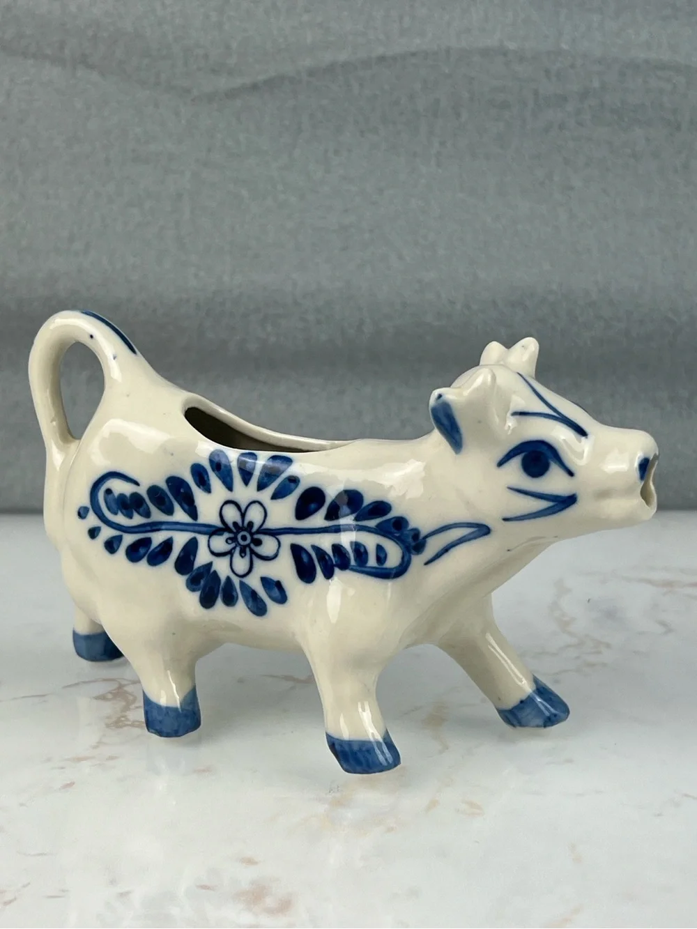 Vintage HandPainted Delft Blue White Porcelain Cow Creamer Windmill Handheld